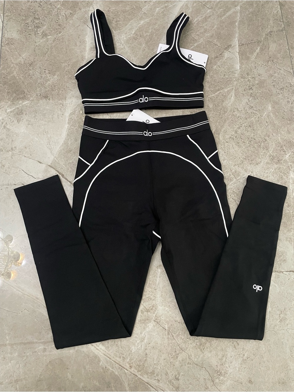 ALO Yoga Black Sports Bra & Legging Set with White Trim